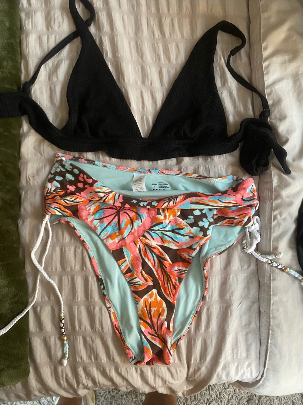 Aerie Triangle Bikini Top with Tropical Leaf Print Bottoms + black bottom
